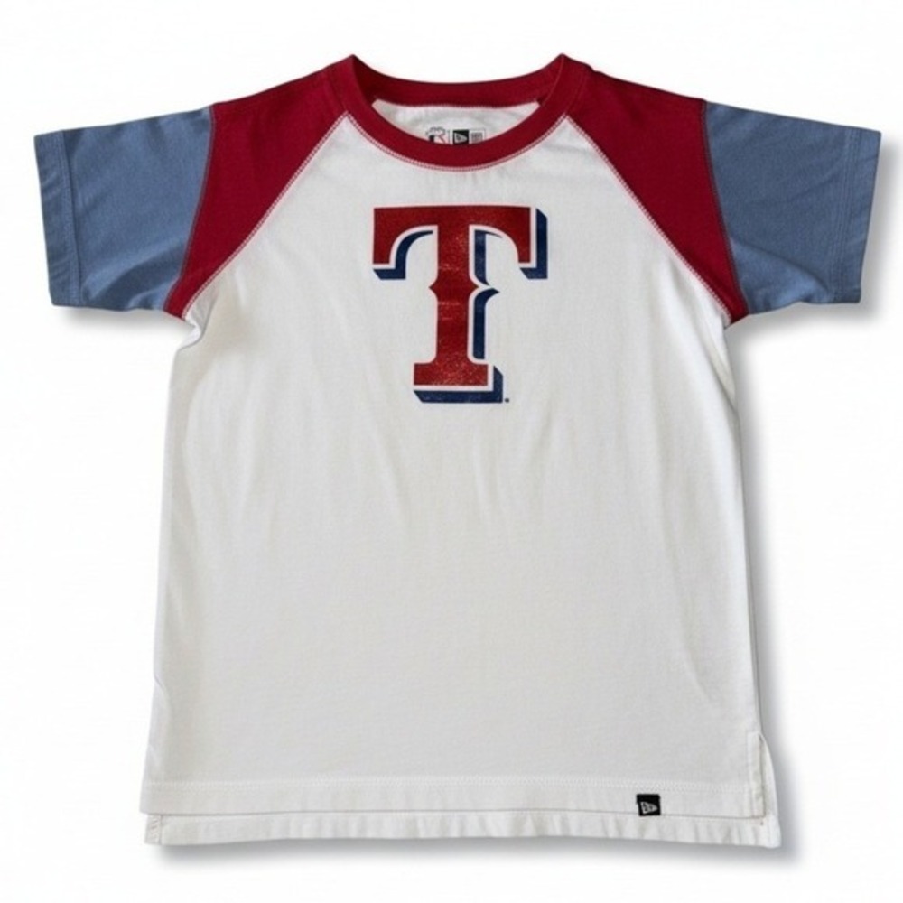 Kids New Era Texas Rangers Baseball T Shirt Size 10/12 White Red Blue Raglan‎